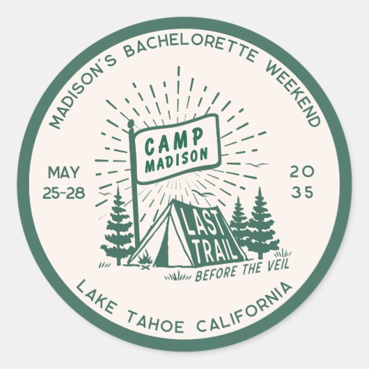 Retro Camp Bachelorette Meisjes Glamping Weekend Ronde Sticker (Voorkant)