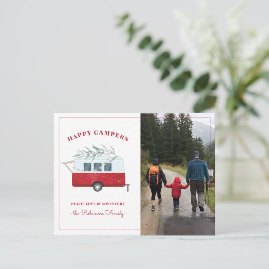 Retro Camper Camping Kerstfeestdag Foto Feestdagenkaart (Staand voorkant)