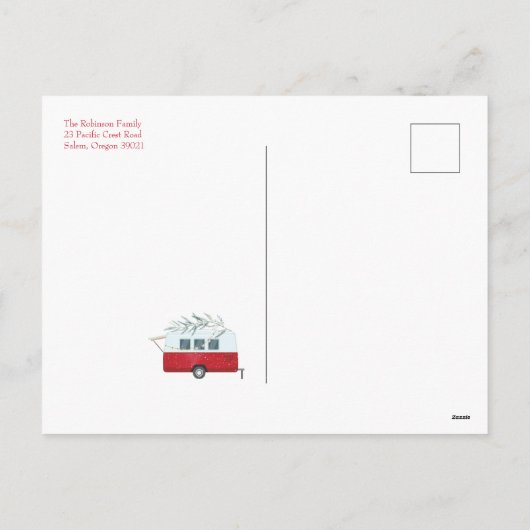 Retro Camper Camping Kerstfeestdag Foto Feestdagenkaart (Achterkant)