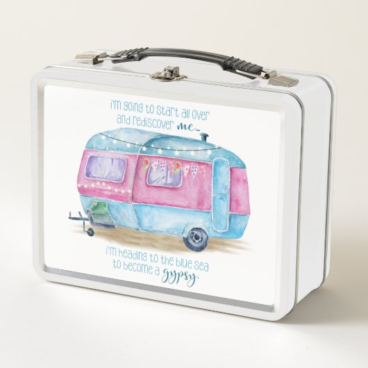 Retro Camper Caravan Blue | Roze en witte glamper (Voorkant)