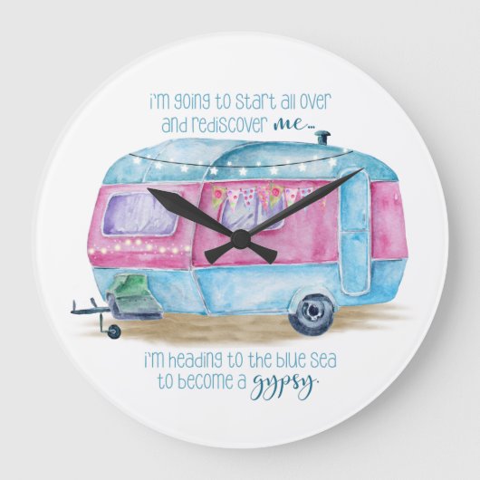 Retro Camper Caravan Blue | Roze en witte glamper Grote Klok (Voorkant)
