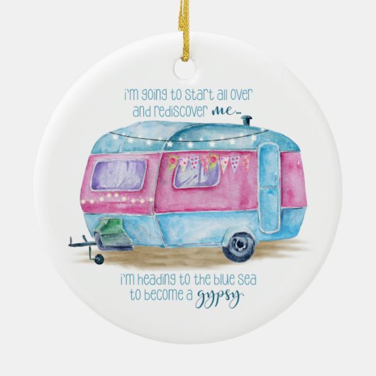 Retro Camper Caravan Blue | Roze en witte glamper Keramisch Ornament (Achterkant)