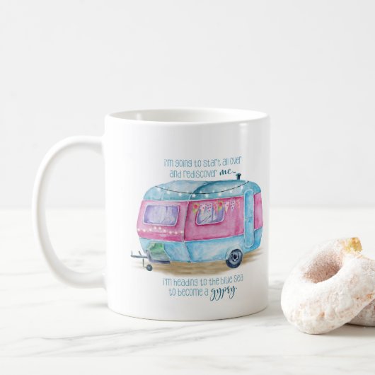 Retro Camper Caravan Blue | Roze en witte glamper Koffiemok (Met donut)
