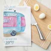 Retro Camper Caravan Blue | Roze en witte glamper Theedoek (Quarter Fold)