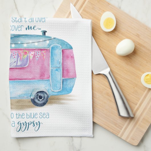 Retro Camper Caravan Blue | Roze en witte glamper Theedoek (Quarter Fold)