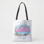 Retro Camper Caravan Blue | Roze en witte glamper Tote Bag (Voorkant)