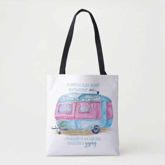 Retro Camper Caravan Blue | Roze en witte glamper Tote Bag (Voorkant)