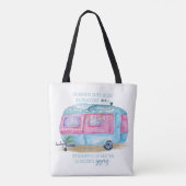 Retro Camper Caravan Blue | Roze en witte glamper Tote Bag (Achterkant)