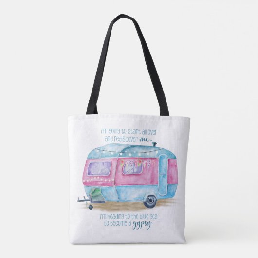 Retro Camper Caravan Blue | Roze en witte glamper Tote Bag (Achterkant)