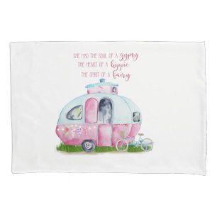 Retro Camper Caravan Pink en White Pillow Hoesje Kussensloop
