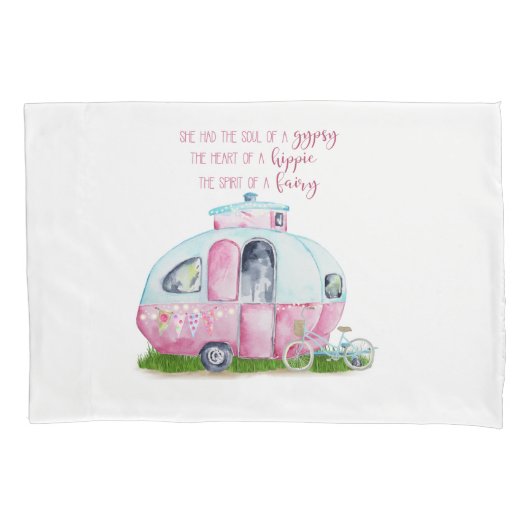 Retro Camper Caravan Pink en White Pillow Hoesje Kussensloop (Voorkant)