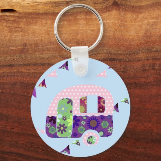 Retro camper  caravan shabbychic sleutelhanger (Voorkant)