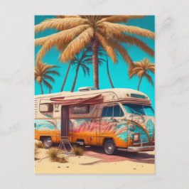 Retro camper en palmbomen briefkaart