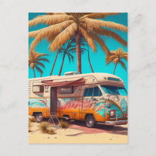 Retro camper en palmbomen briefkaart