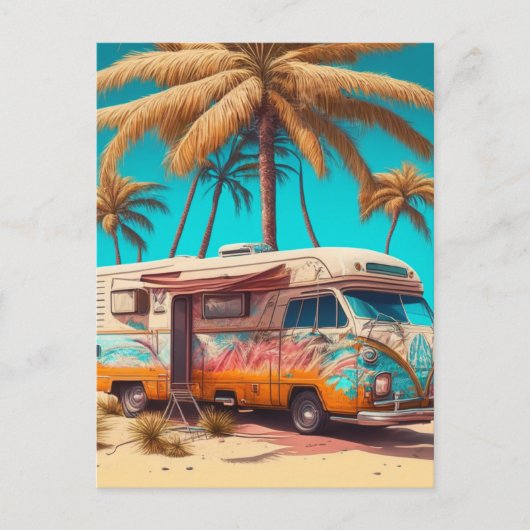 Retro camper en palmbomen briefkaart (Voorkant)