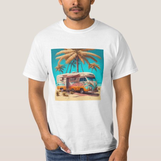 Retro camper en palmbomen t-shirt (Voorkant)