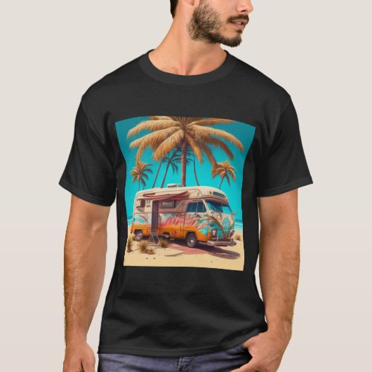 Retro camper en palmbomen t-shirt (Voorkant)