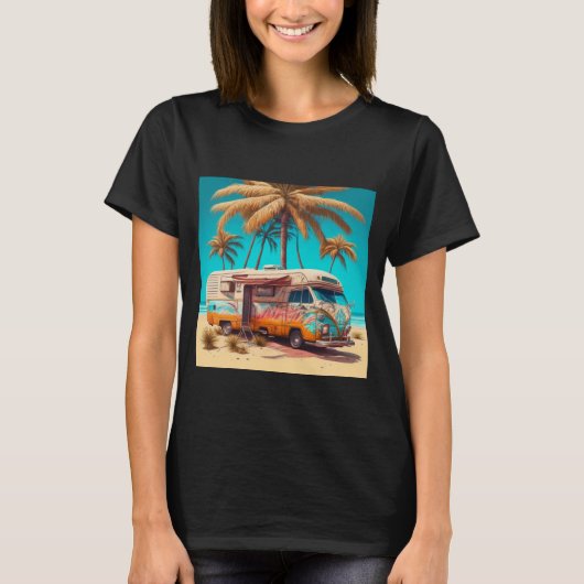 Retro camper en palmbomen t-shirt (Voorkant)