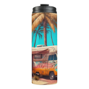 Retro camper en palmbomen thermosbeker