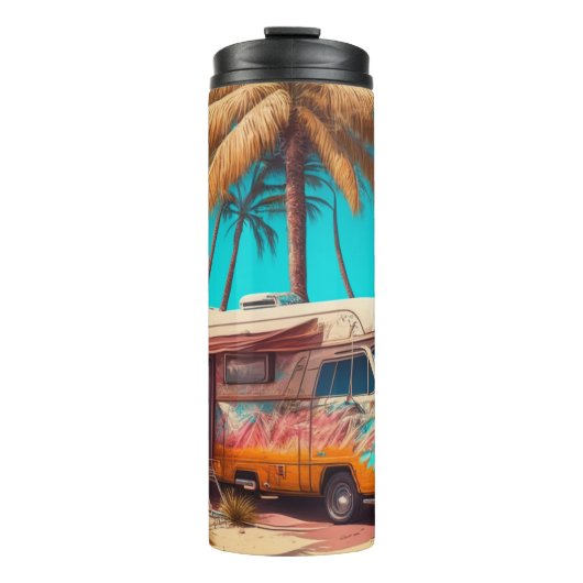 Retro camper en palmbomen thermosbeker (Voorkant)