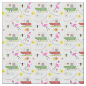 Retro Camper Flamingo Floral Bee Stof (Close Up)