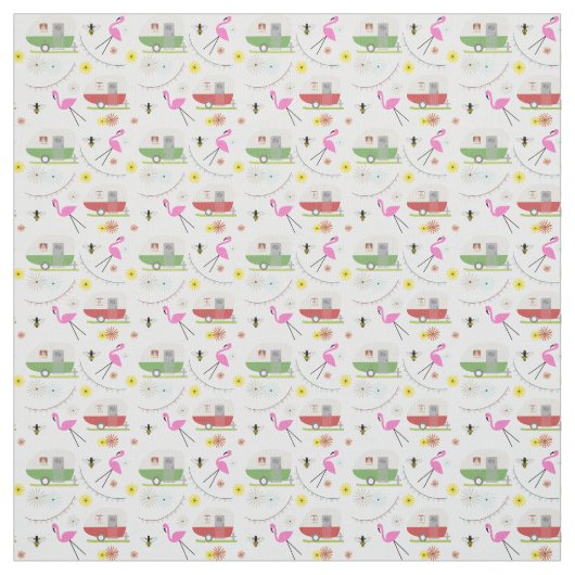 Retro Camper Flamingo Floral Bee Stof (Swatch)