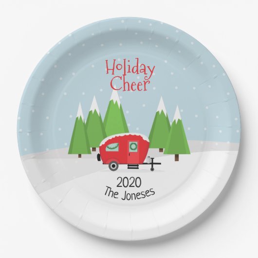 Retro Camper Kerstmis Papieren Bordje (Voorkant)