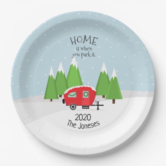 Retro Camper Kerstmis Papieren Bordje (Voorkant)