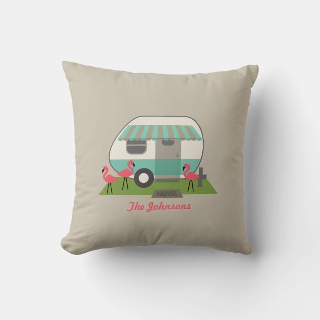 Retro Camper met Flamingos Pillow Kussen (Voorkant)
