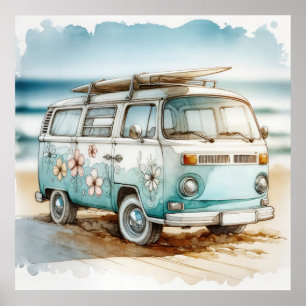 Retro camper met hippiebloemen en surfplank poster