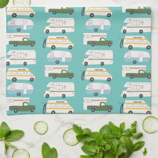 Retro Camper Motorhome RV Vanlife Blauwgroen Theedoek (Gevouwen)