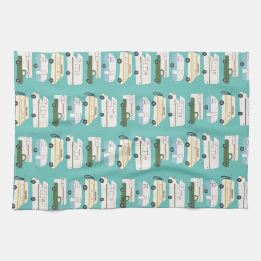 Retro Camper Motorhome RV Vanlife Blauwgroen Theedoek (Horizontaal)