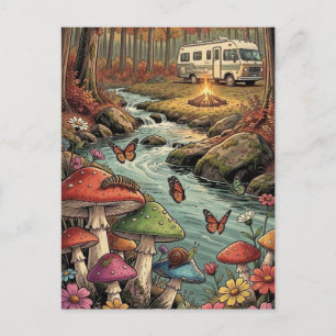 Retro Camper, Paddenstoelen, Stroom en Bloemen Briefkaart