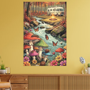 Retro Camper, Paddenstoelen, Stroom en Bloemen Canvas Afdruk