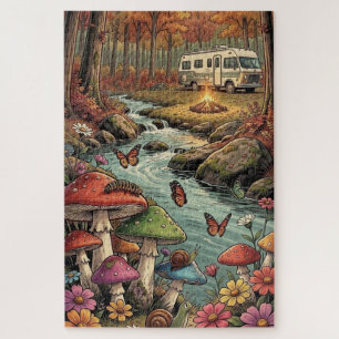 Retro Camper, Paddenstoelen, Stroom en Bloemen Legpuzzel