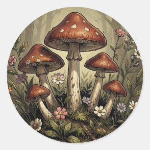 Retro Camper, Paddenstoelen, Stroom en Bloemen Ronde Sticker