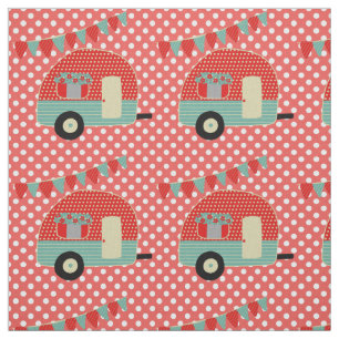Retro Camper Rood Aqua Stippenpatroon Stof