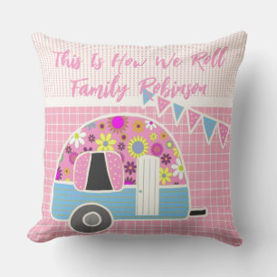 Retro Camper Roze Blauw Gepersonaliseerd Kussen