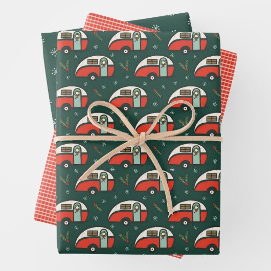 Retro Camper Rustieke Kerst Camping Groen & Rood Inpakpapier Vel (In situ)