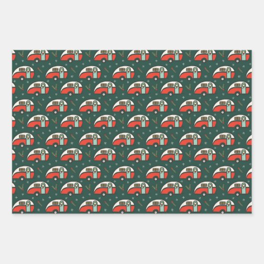 Retro Camper Rustieke Kerst Camping Groen & Rood Inpakpapier Vel (Voorkant)