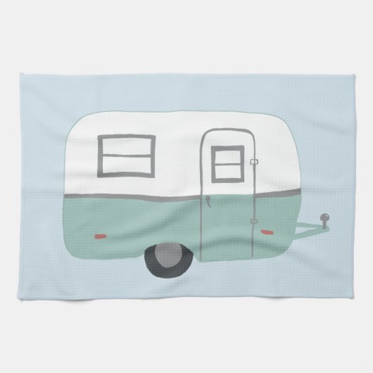 Retro Camper Trailer blue keukenhanddoek (Horizontaal)