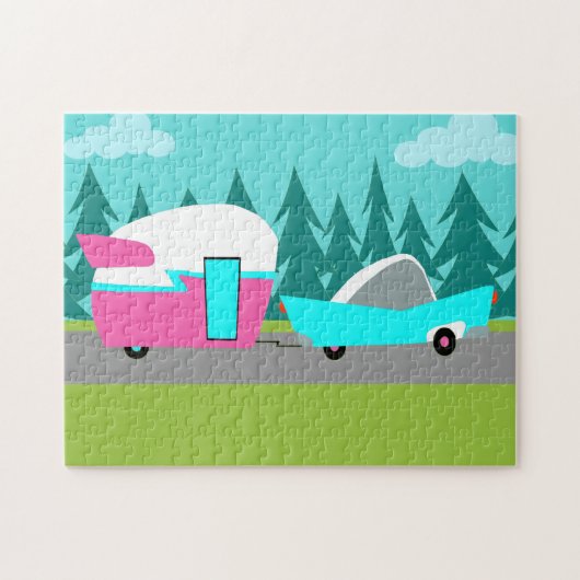 Retro Camper / Trailer en autopuzzle Legpuzzel (Horizontaal)