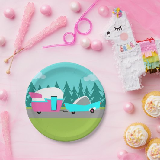 Retro Camper/Trailer en Borden van autopapier Papieren Bordje (Feest)