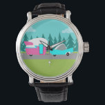 Retro Camper / Trailer en Car Watch Horloge<br><div class="desc">Deze Retro Camper / Trailer en Car Watch beschikt over een middeleeuwse, minimalistische cartoon tekening die je klaar zal maken om de open weg te nemen. Een eerbetoon aan de jaren 1950, dit ontwerp is voorzien van een turquoise auto met witte top, trekken een kitschy reisaanhanger naar de eindbestemming. De...</div>