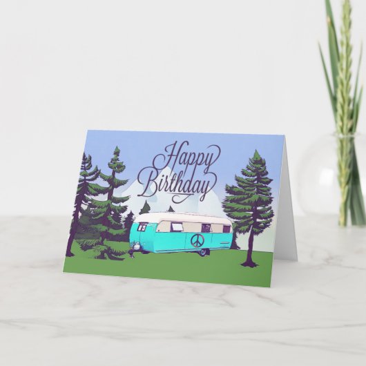 Retro Camper Trailer met Berg Uitzicht Birthday Kaart (Voorkant)