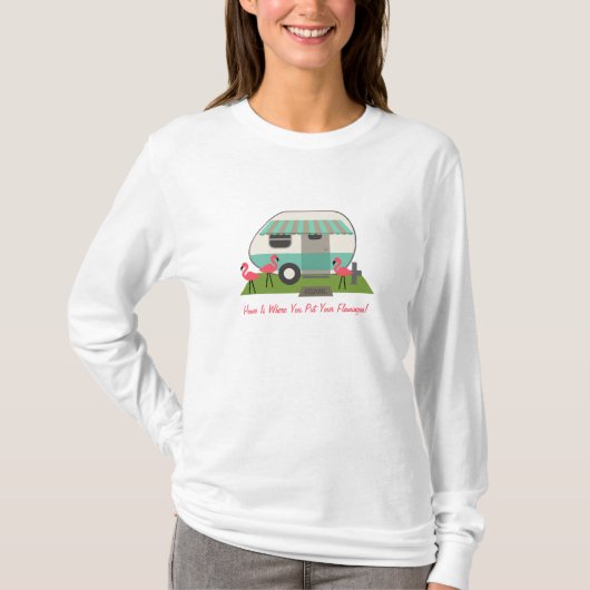 Retro Camper / Trailer & Roze Flamingos T-shirt (Voorkant)