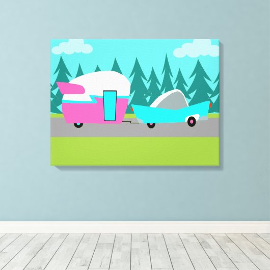 Retro Camper / Trailer Uitgerekte Canvas Print (Insitu (Houten vloer))