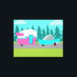 Retro Camper / Trailer Uitgerekte Canvas Print<br><div class="desc">Deze Retro Camper / Trailer en Car Stretched Canvas Print beschikt over een middeleeuwse moderne, minimalistische cartoon tekening die je klaar zal maken om de open weg te nemen. Een eerbetoon aan de jaren 1950, dit ontwerp is voorzien van een turquoise auto met witte top, trekken een kitschy reisaanhanger naar...</div>