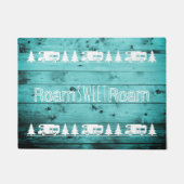 Retro  Camper Trailer Wanderlust Blauwgroen Hout Deurmat (Voorkant)