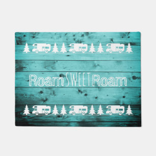 Retro  Camper Trailer Wanderlust Blauwgroen Hout Deurmat